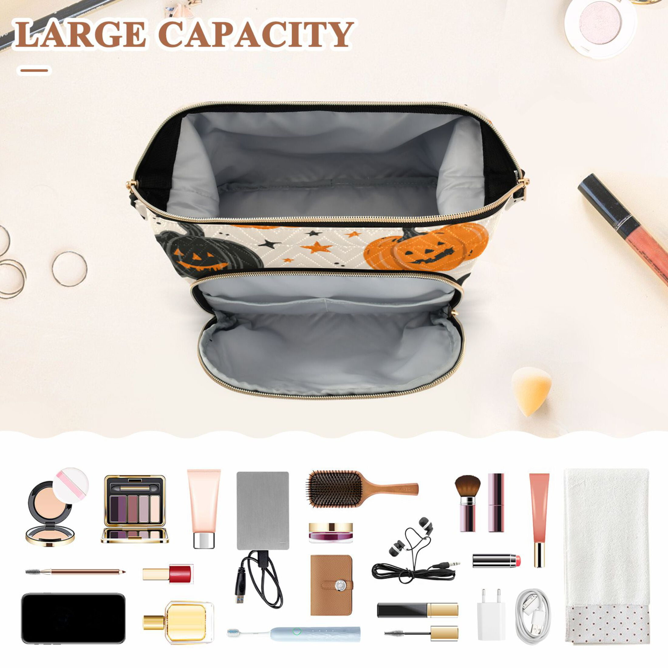 Wavy Quilted Cosmetic Bag Large-Capacity Travel Toiletry Organizer Includes 9-Piece Portable Travel Bottle Set Cartoon Halloween Pumpkins and Bats