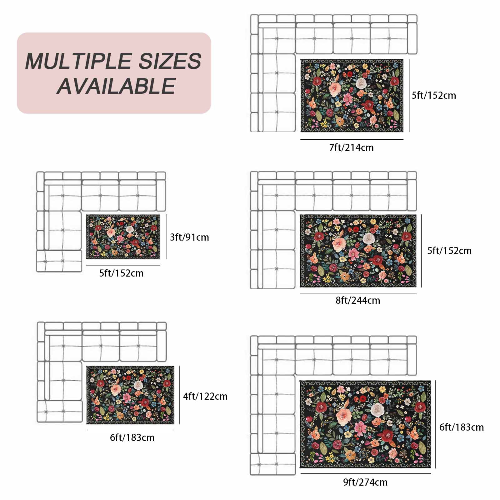 Watercolor Flowers Outdoor Rug 5x7 Ft, Non Slip Washable Area Rug, Farmhouse Floral Vintage Black Patio Rugs Carpet Runner, Large Floor Mat for Indoor/Outdoor Deck Porch Camping