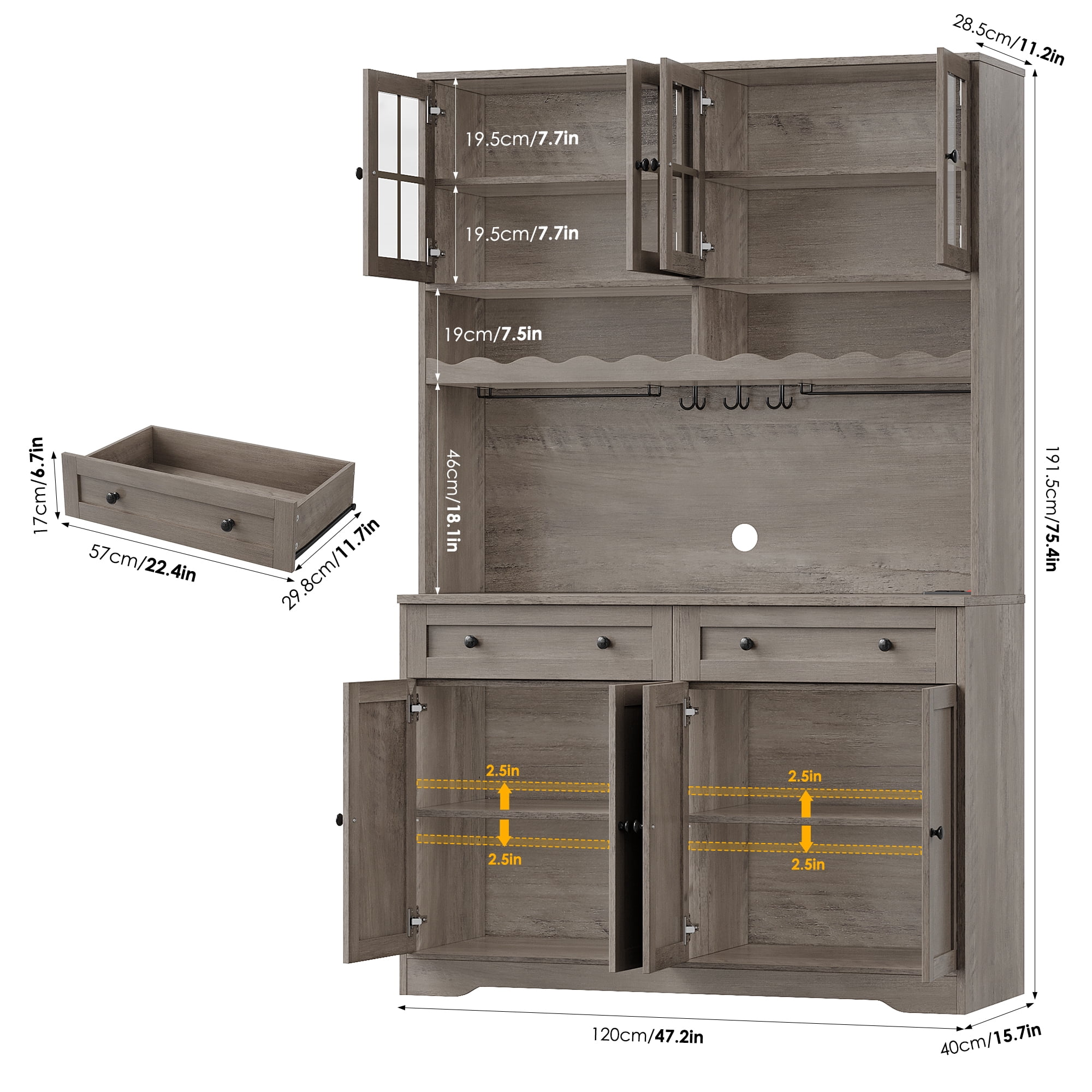 Hiphuta 75"Tall Kitchen Pantry Storage Cabinet with Power Outlet, Large Pantry Cabinet with Microwave Stand, Modern Freestanding Cupboard Hutch for Home Dinning Room, Ash Gray