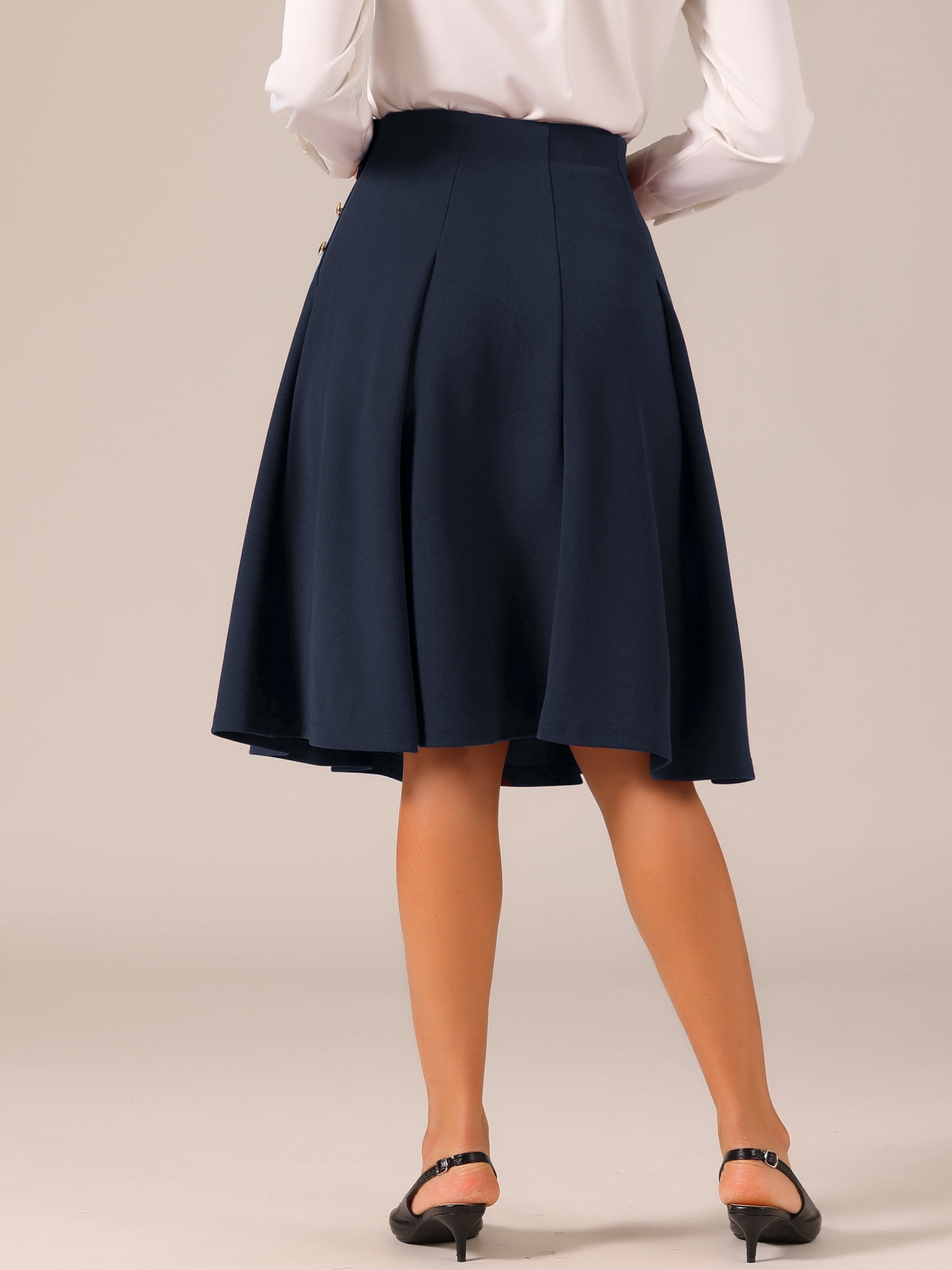DARING DIVA Women's Vintage Button Decor Flared Midi Skirt L Dark Blue