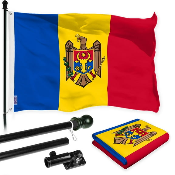 G128 Combo Pack: 6 Ft Tangle Free Spinning Flagpole (Black) & Moldova Flag 3x5 Ft Printed 150D Polyester, Brass Grommets (Flag Included) Aluminum Flag Pole