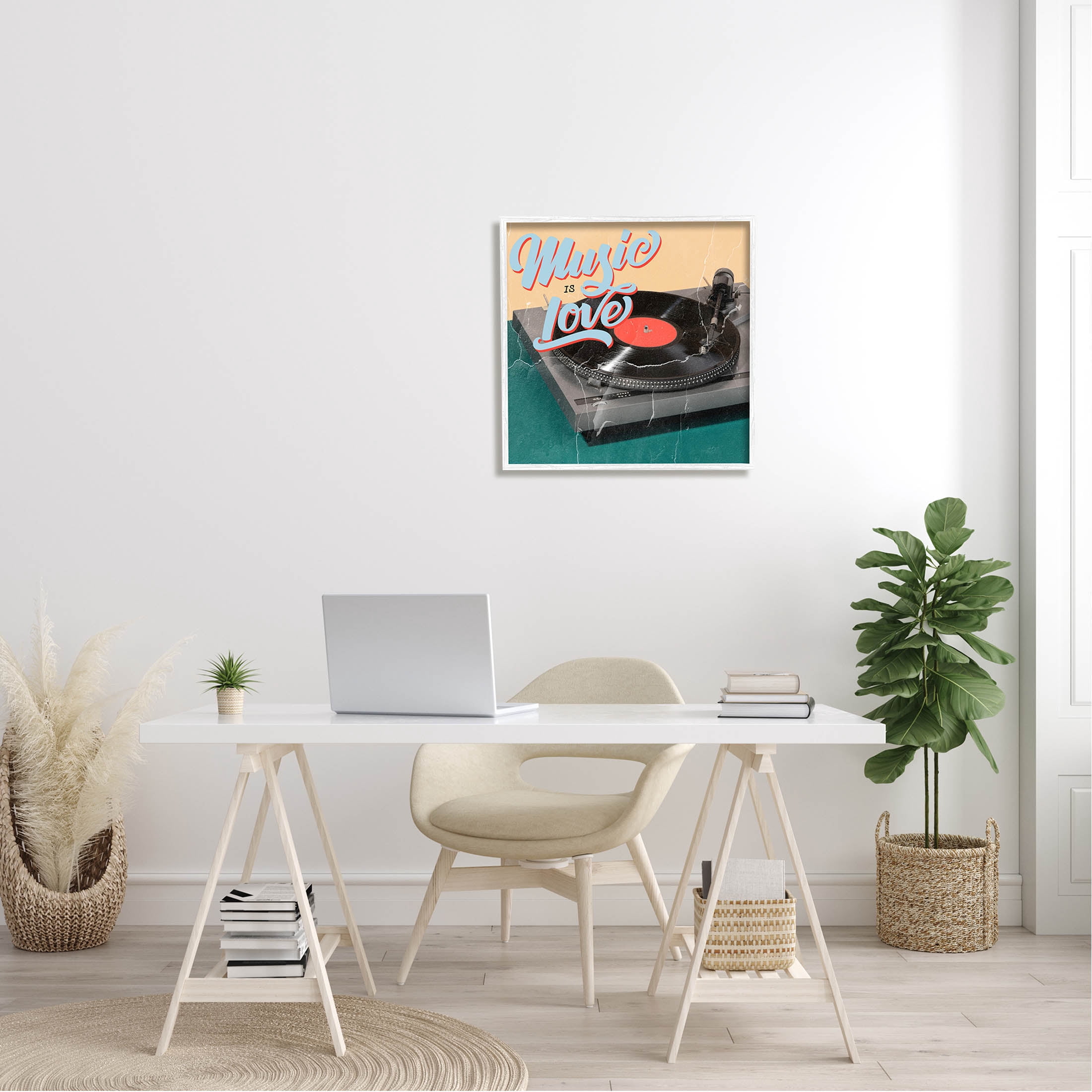 Vintage Music Is Love Turntable Inspirational Graphic Art White Framed Art Print Wall Art