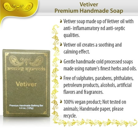 Amazing Ayurveda Premium Handmade Soap- Gentle Handmade 100% Cold Pressed Soap Made Using Nature's Finest Herbs And Oils- No Synthetic Preservatives, Colors or Fragrances. Vetiver, 4.4