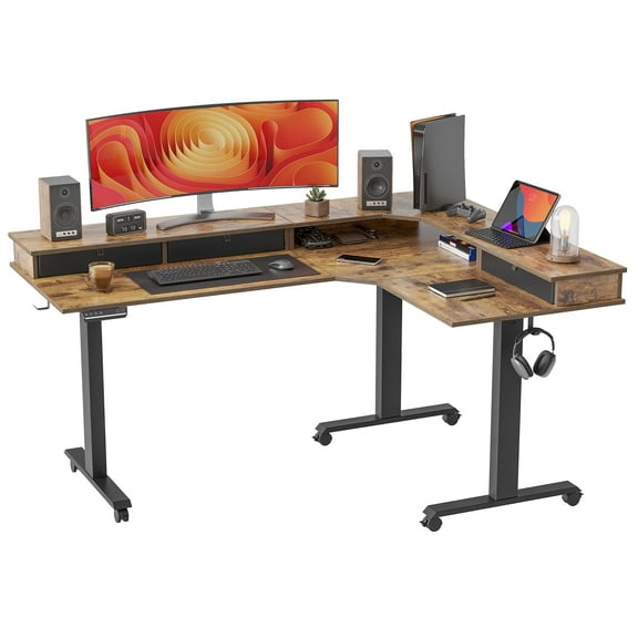 FEZIBO L Shaped Standing Desk with Three Drawers, 63 inches Triple Motor Electric Adjustable Height Standing Desk, Rustic Brown Finish