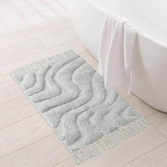 Folkulture Bathroom Rugs or Bath Mats for Bathroom, 100% Cotton Bathmat or Shower Mat, 24" X 17" Non Slip Tub Mat or Farmhouse Bathrug, Small Boho Bathroom Rugs or Washable Toilet Rug (Ripple Gray)