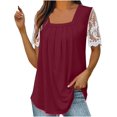 thumbnail image 3 of Blusas para mujer moda 2023 Casual cuello cuadrado Color sólido encaje Patchwork plisado blusa manga corta camisas de verano, 3 of 5