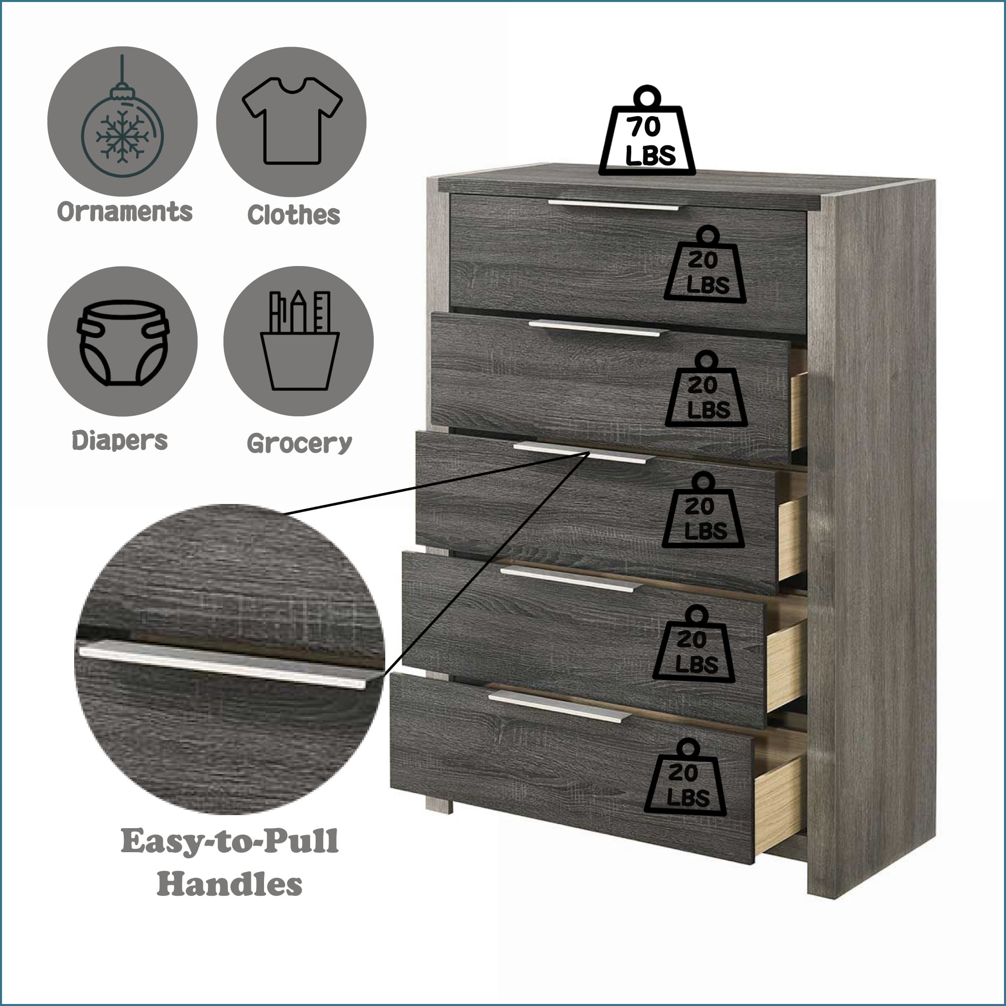 Chests & Wardrobes | 5-Drawer Gray Storage Chest | Gray | Synthetic Wood