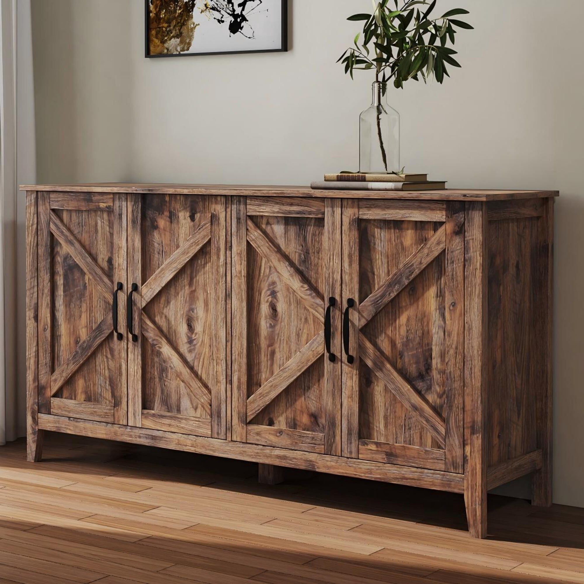AENKYO Rustic Farmhouse Sideboard Storage Cabinet with Adjustable Shelves for Living Room, Rustic Brown