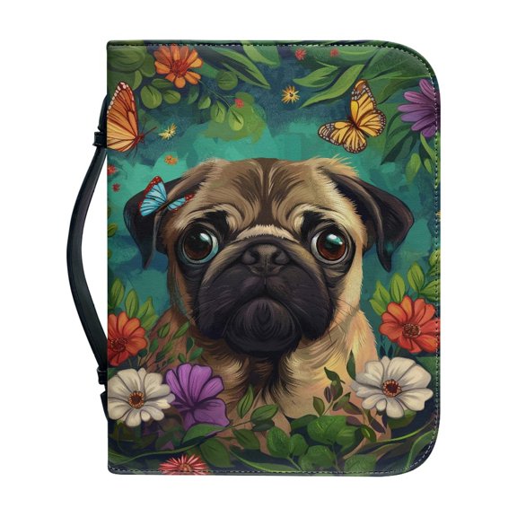 HELLHERO Pug Floral Print Bible Cover Case with Zippered Handle Large Capacity Church Bible Bag for Bible Study, PU Leather Bible Covers Case for Christian Prayer