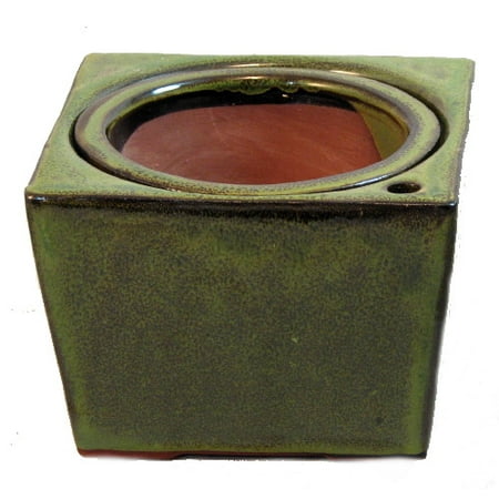 Square Self Watering Ceramic Pot with Felt Feet - Tropical Green - 6