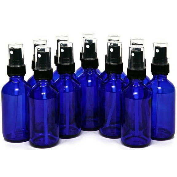 12 - 2oz Cobalt Blue Boston Round Glass Spray Bottle Black Fine Mist Sprayer