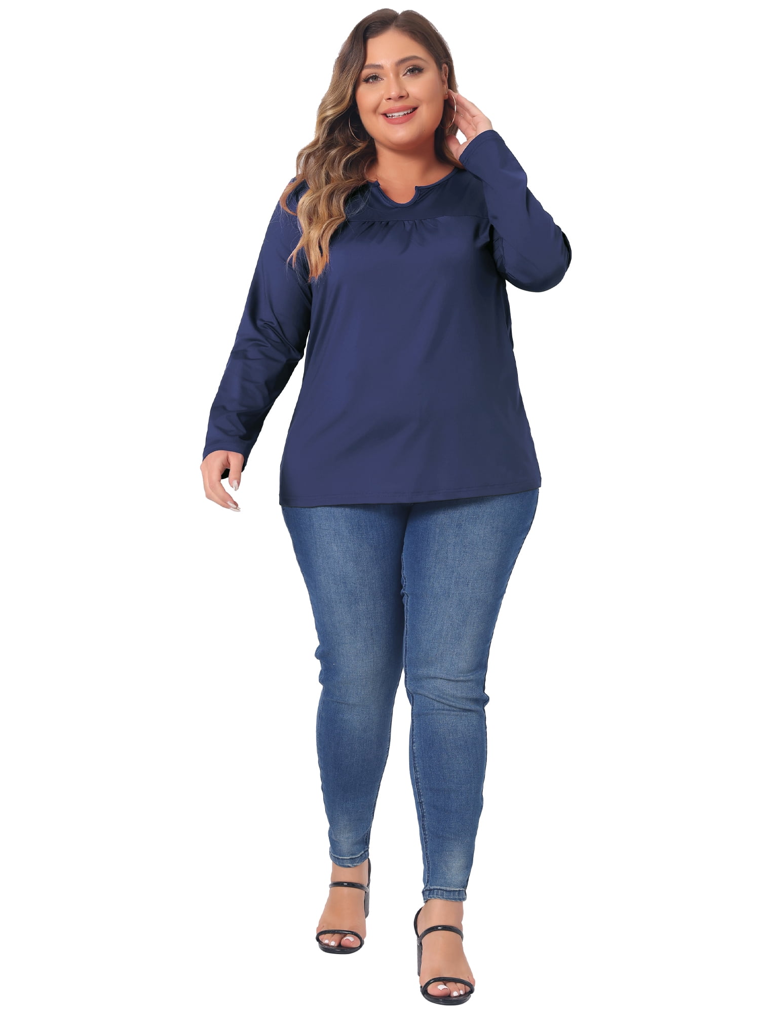 DARING DIVA Women's Plus Size Long Sleeve Notched Neck Loose Tops 1X Dark Blue
