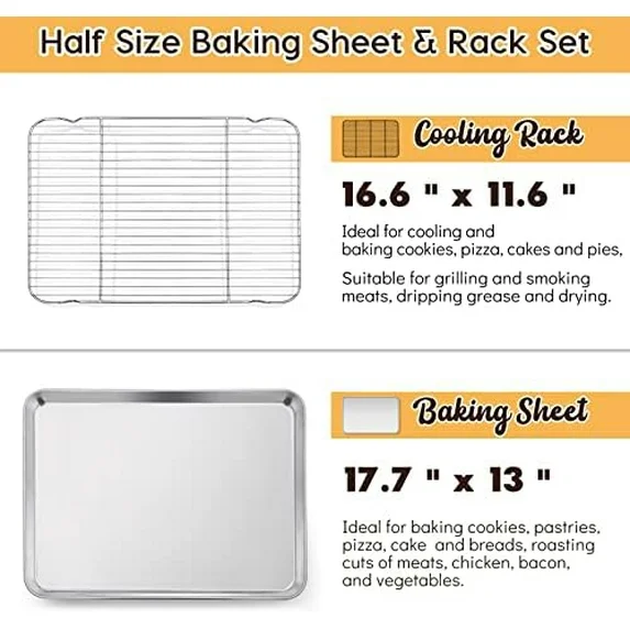 Cookie Sheet With Rack Set Half Baking Pan Stainless Steel Rimmed Tray Wire Cooling Roasting Broiling Dishwasher Safe