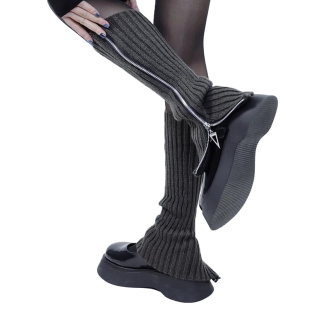 Womens Leg Warmers Gothic Punk Ribbed Knitted Leg Warmers Side Zipper Up Solid Color Boot Socks Student Knee High Foot Cover Winter Sock