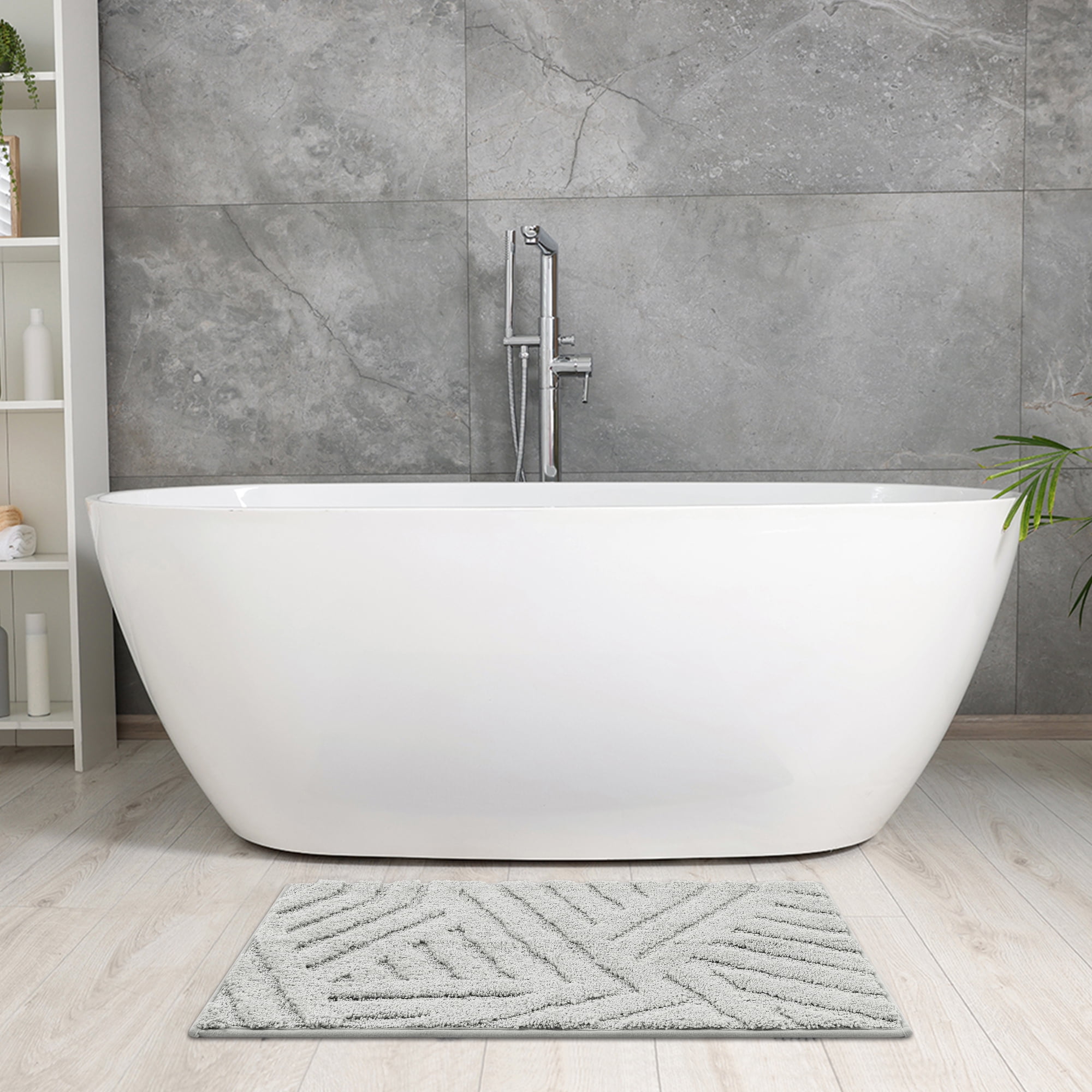 Unique Bargains Bathroom Rugs Non Slip Bath Mat Geometric Soft Mat Washable Carpet Light Gray 16*24in