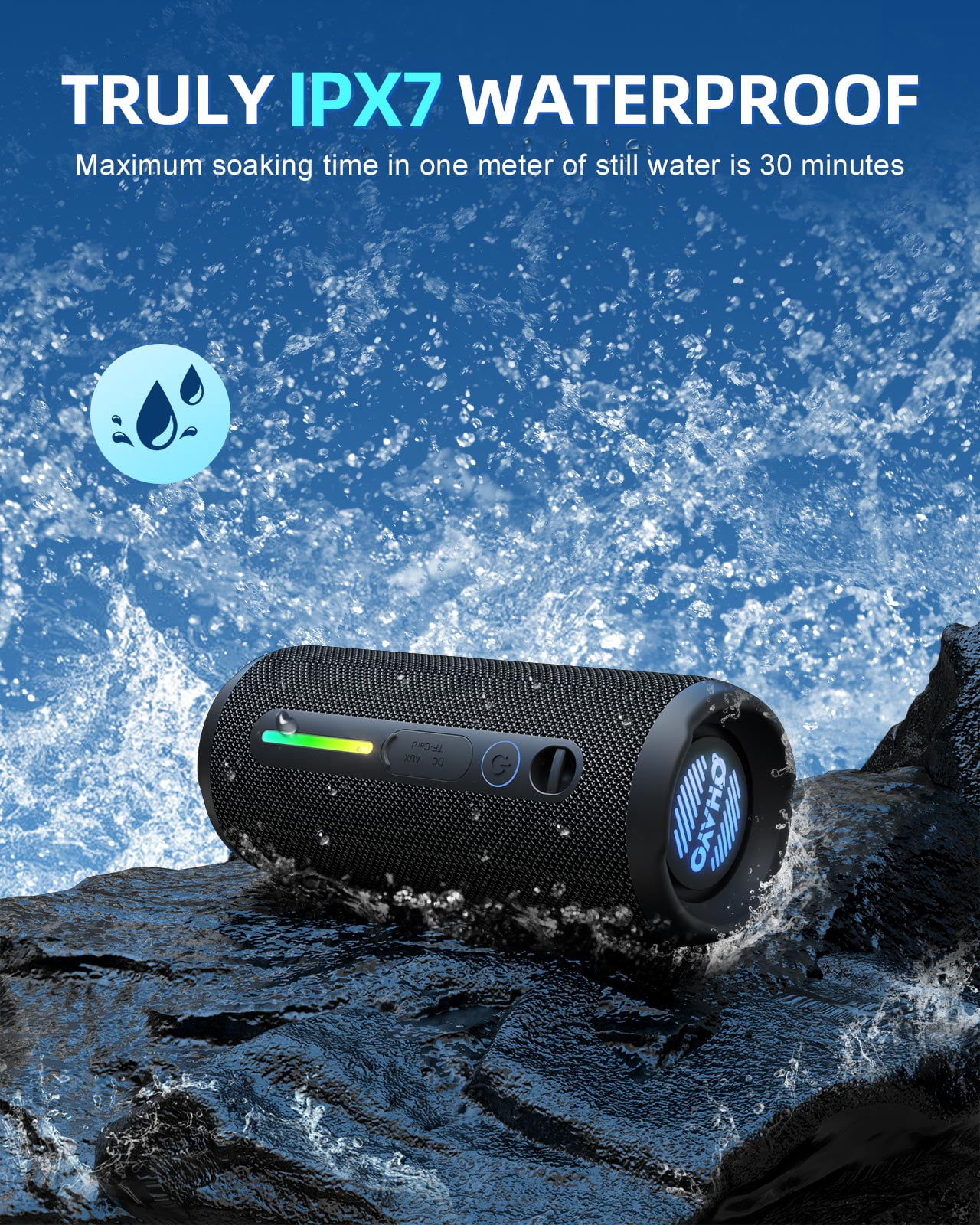 Portable Bluetooth Speaker, 24W Stereo Sound, IPX7 Waterproof, Bluetooth 5.3, RGB Lights, Dual Pairing, 30H Playtime for Outdoor Home Party