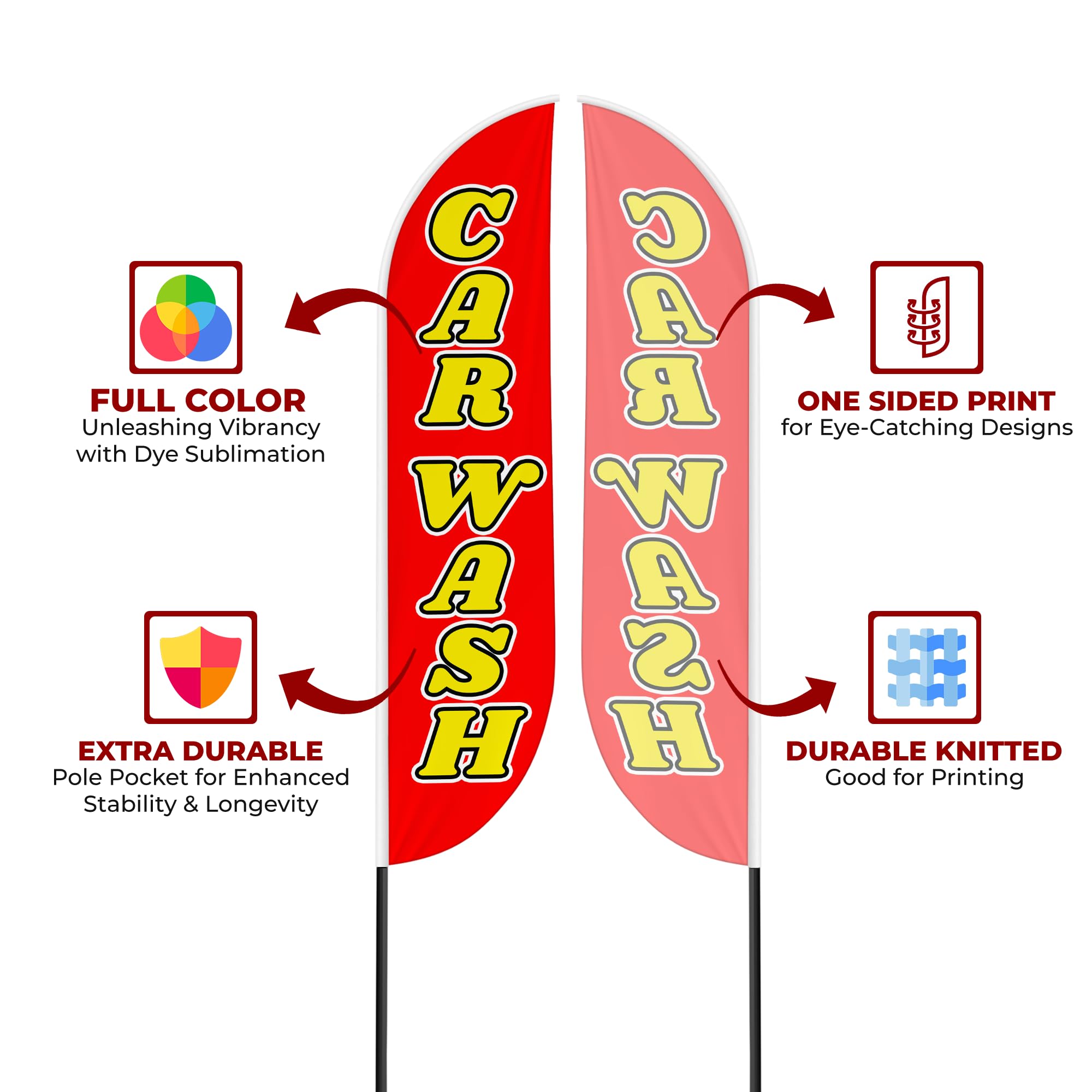 Car Wash Sign feather flag for Outdoor by Mavis Printing | 11.5 FEET Long Polyester Outdoor Banner Flag for Easy Hang | HD Print Swooper I Flag Only to Advertise Car Business| Made in USA I Flag Only