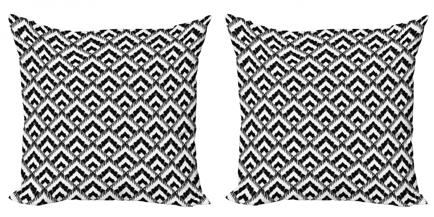 Black and White Throw Pillow Cushion Cover Pack of 2, Hand Drawn Herringbone Lines Pattern
