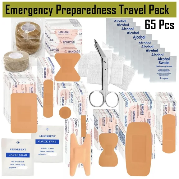 First Aid Supplies Kit with Bandages, Gauze, Antiseptic Wipes, and More Assorted Item All Purpose Portable Kit of 65 Pcs