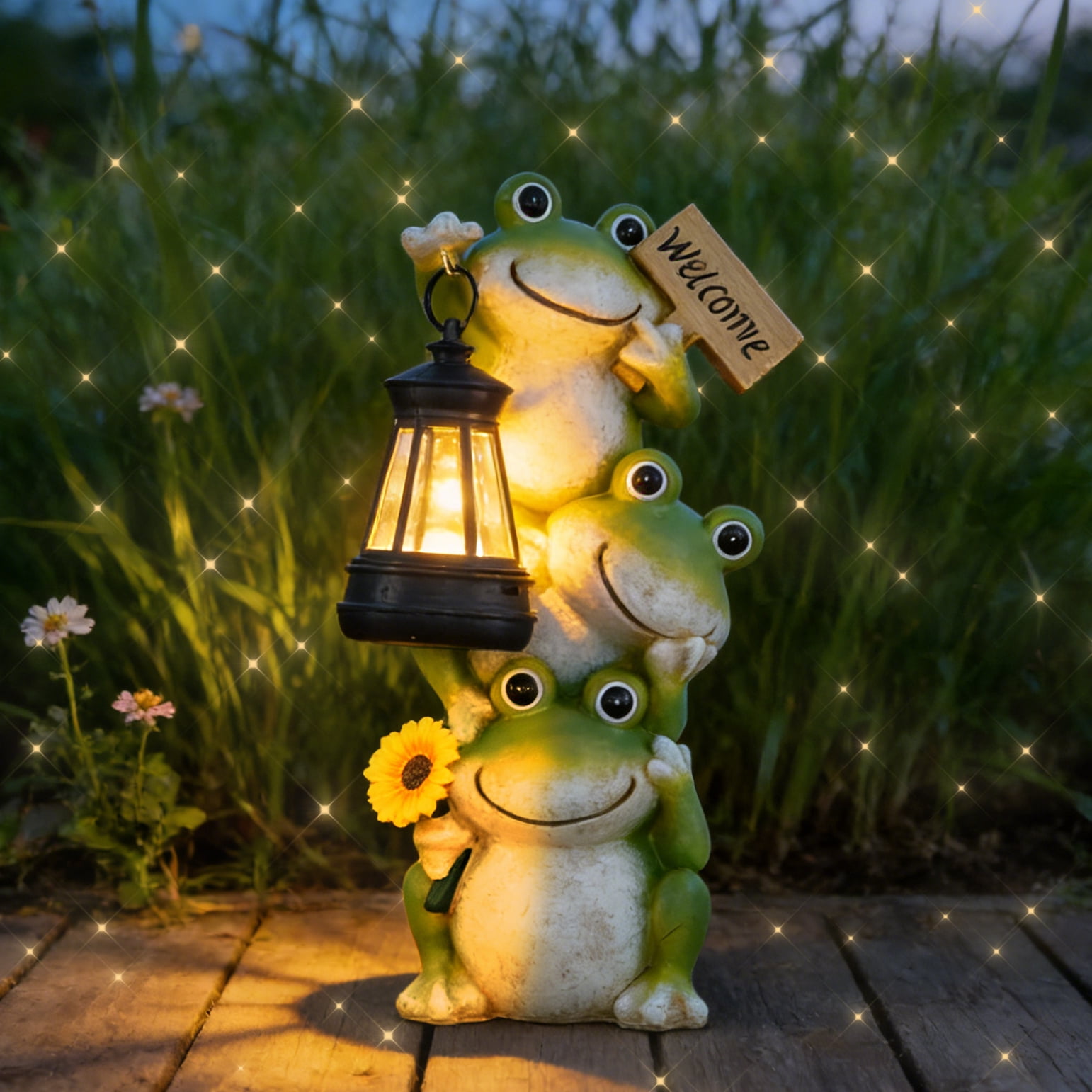Solar Lantern Frog Garden Decoration with Sunflower Creative Stacking Frogs Welcome Sign Outdoor Art Durable Resin Yard Decor Solar Frog Statue Night Light for Garden Patio Courtyard Perfect Gift