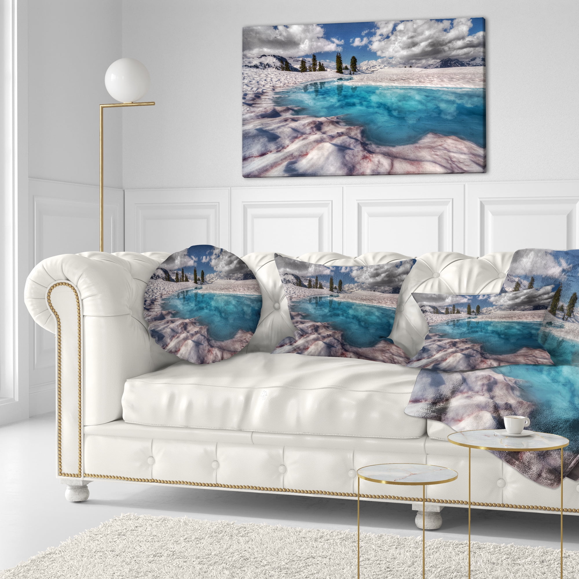 Designart Amazing Blue Melt Lake in Fog - Landscape Printed Throw Pillow - 12x20