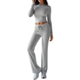 thumbnail image 2 of Conjuntos de 2 Piezas para Mujer, Larga, Cuello Redondo, Pantalones Acampanados de Cintura Alta, Conjuntos de Chándal, Ropa de Calle. Gris XL, 2 of 9
