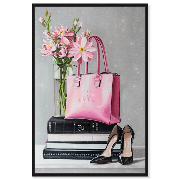 Delicate Pink Purse and Books Canvas Fashion Prints by Art Remedy, Black Frame, 10" x 15"