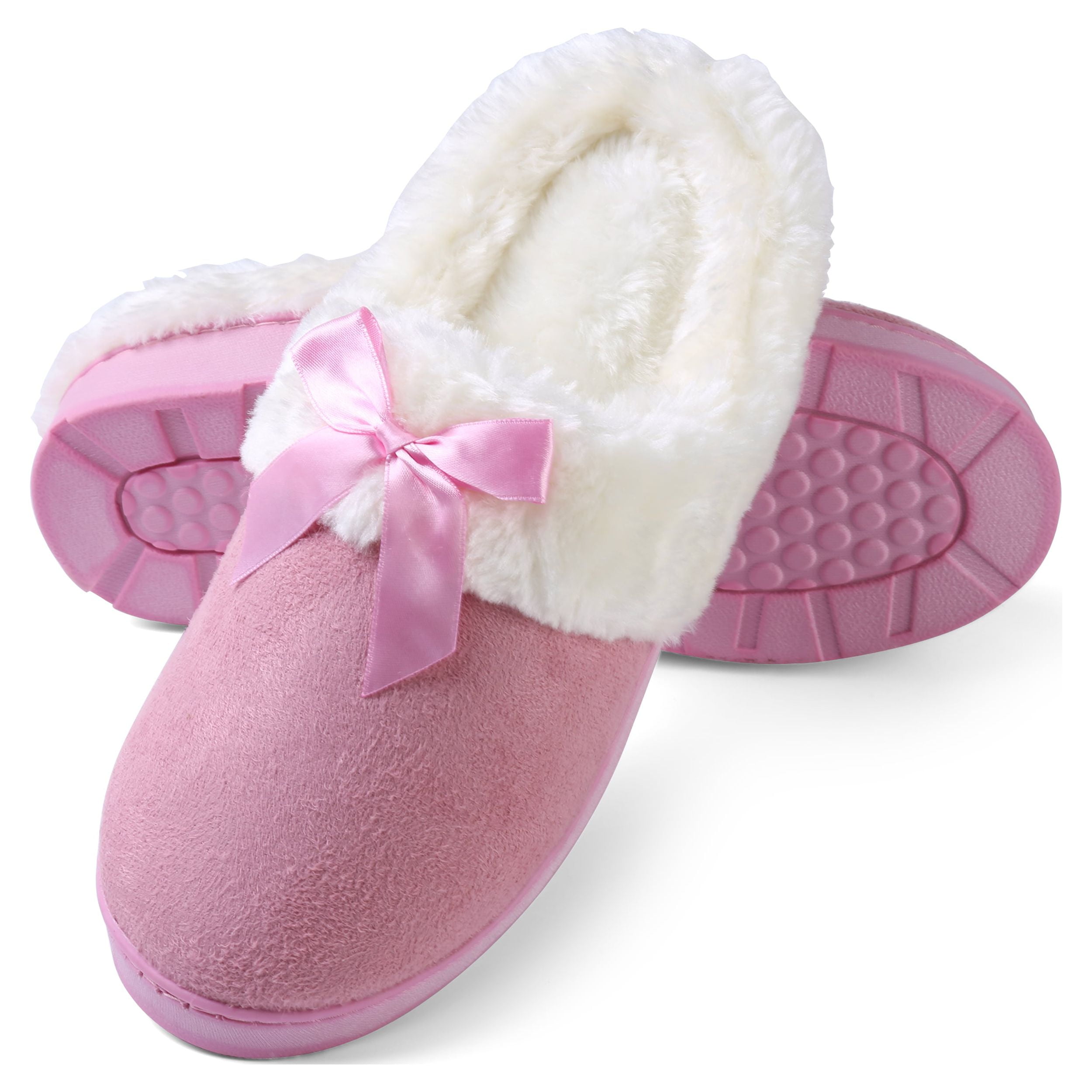 Women's Soft and Cozy Ribbon Bow Plush Slippers With No-Slip Rubber Sole For Indoor, Outdoor, Spa Use (Pink)