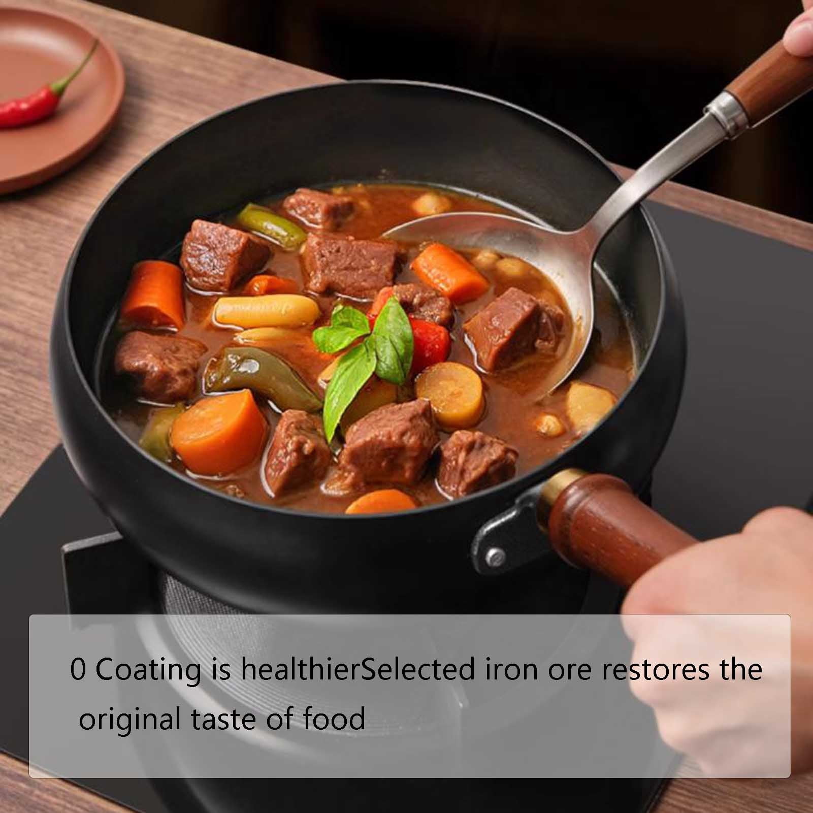 Japanese iron pan, without coating, hand-forged non-stick pans, durable and rust-proof frying pan, with wooden lid for induction, electric and gas stoves
