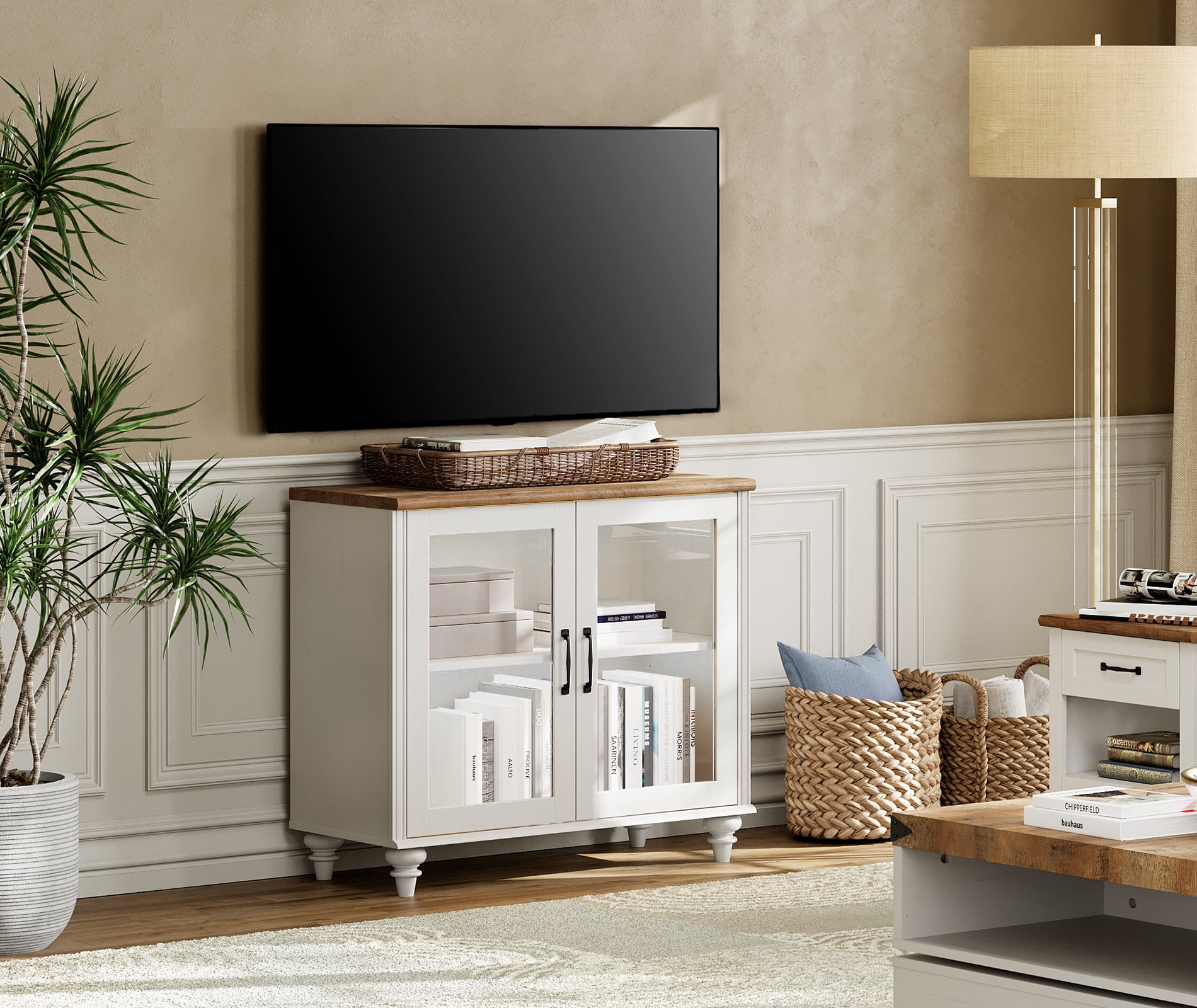 Farmhouse TV Stand for 43 Inch TV, Wood Entertainment Center with Storage Cabinet for Living Room Dining Room Bedroom, Off White