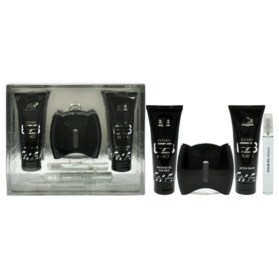 New Brand Prestige Extasia Black , 4 Pc Gift Set 3.3oz EDT Spray, 0.5oz EDT Spray, 4.3oz Shower Gel, 4.3oz After Shave