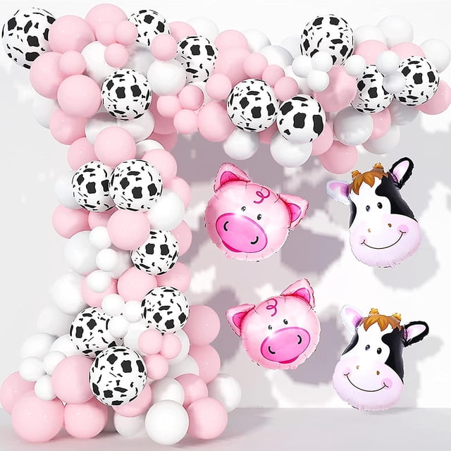 Decoraciones de fiesta de vaca, 130 piezas, kit de guirnalda de globos de animales de granja con globos con estampado de vaca, globos de látex blanco rosa bebé para fiesta de cumpleaños de niñas