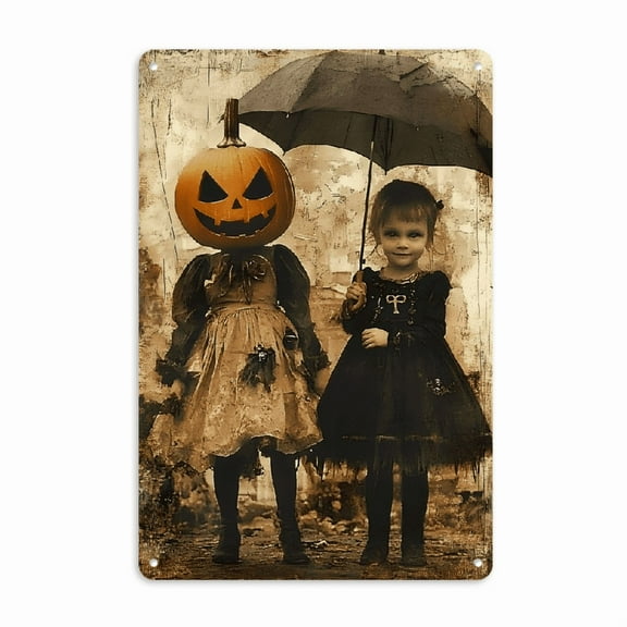 Vintage Halloween Pumpkin Metal Tin Sign - Spooky Wall Art with Jack-o'-Lantern & Victorian Girls, 8x12 Inch, Indoor Outdoor Home Decor for Halloween Festivities, Halloween Decorations
