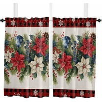 Christmas Kitchen Curtains 63 Inch Length, Farmhouse Curtains & Drapes, Xmas Botanical Poinsettia Balls Red Plaid Rod Pocket Window Curtains for Living Room/Bedroom, 52" x 63", 2 Panels