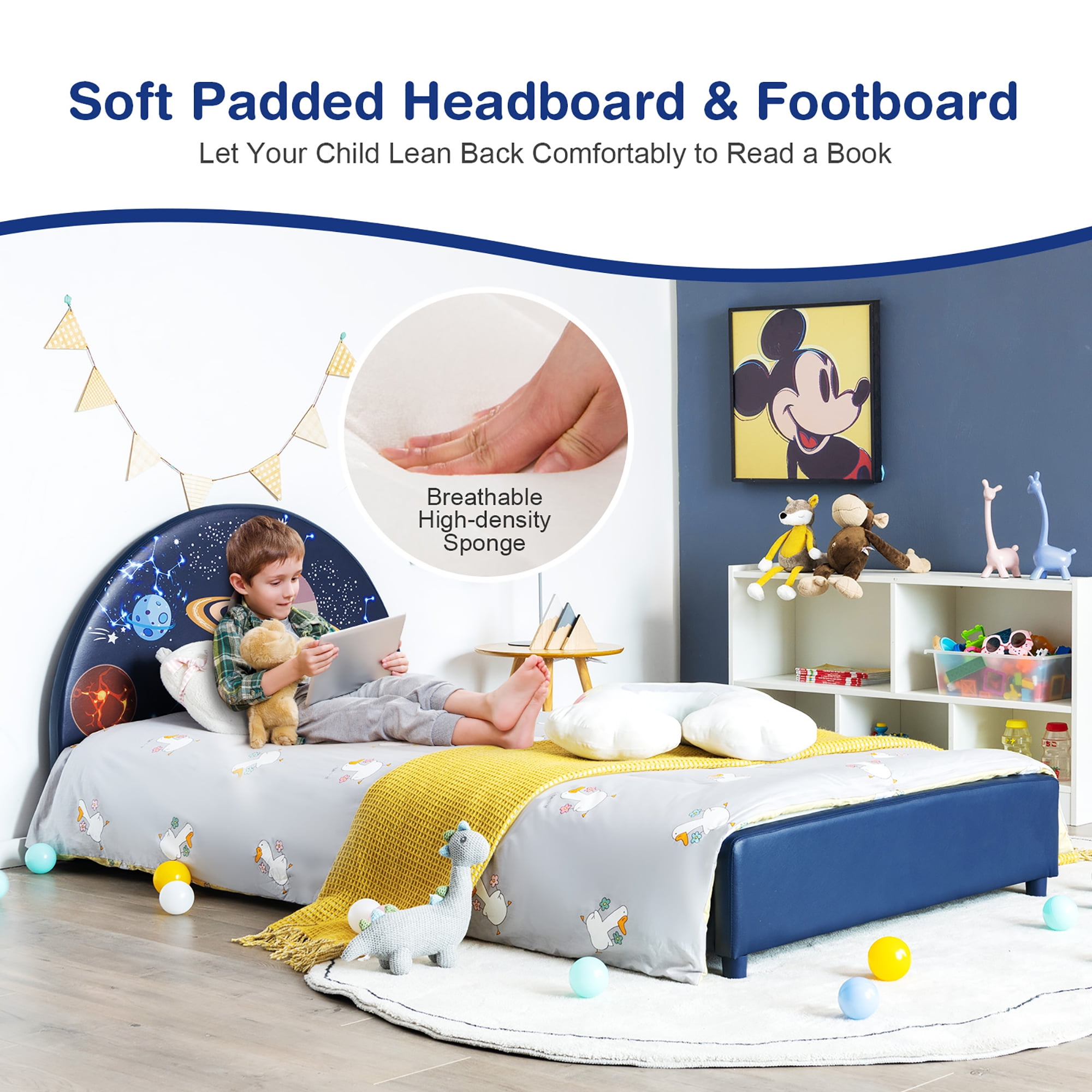 Costway Kids Upholstered Platform Bed Children Twin Size Wooden Bed Galaxy Pattern