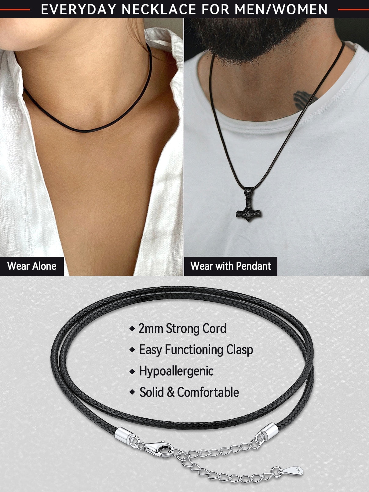 FaithHeart Braided Leather Cord Necklace for Men Women 925 Sterling Silver Snap Clasp, 2MM Waterproof Black Woven Wax Rope Chain for Pendant Jewelry Gift for Son Graduation