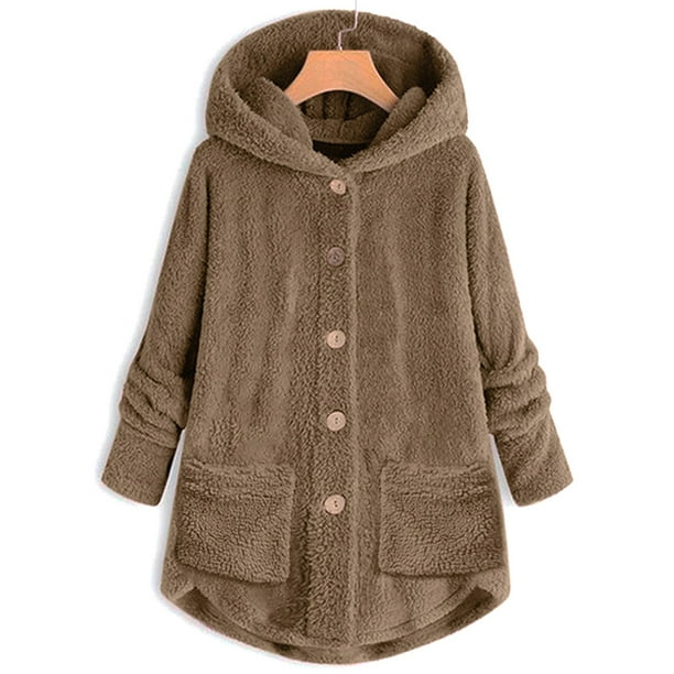 Women's Plus Size Hooded Cardigan Fur Teddy Bear Buttons Outerwear ...