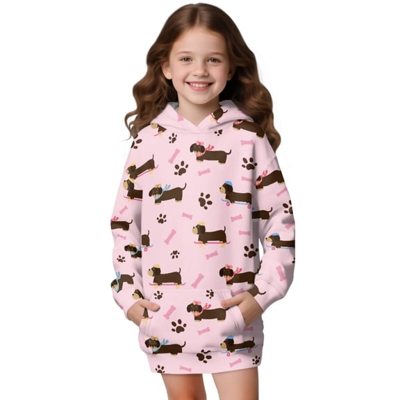 Psesaysky Girls Cute Dachshund Pink Graphic Hoodies Size 5-6 Years Long Sleeve Cartoon Print Pullover Hooded Sweatshirt Cute Casual Tops for Girl