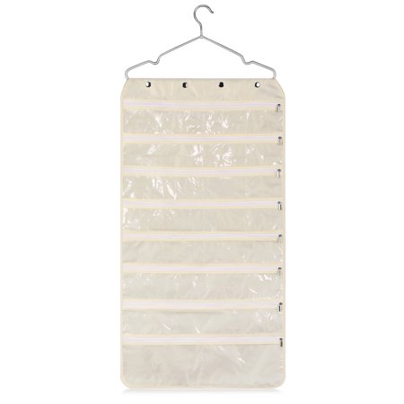 Fabric Jewelry - Jewelry Organizer Hanging Bag with Hook - Foldable Non-Woven Fabric Earring Storage Display Holder with Dual Side 56 Clear Zipper Pockets for Necklace Bracelet Ring Accessories, Beige