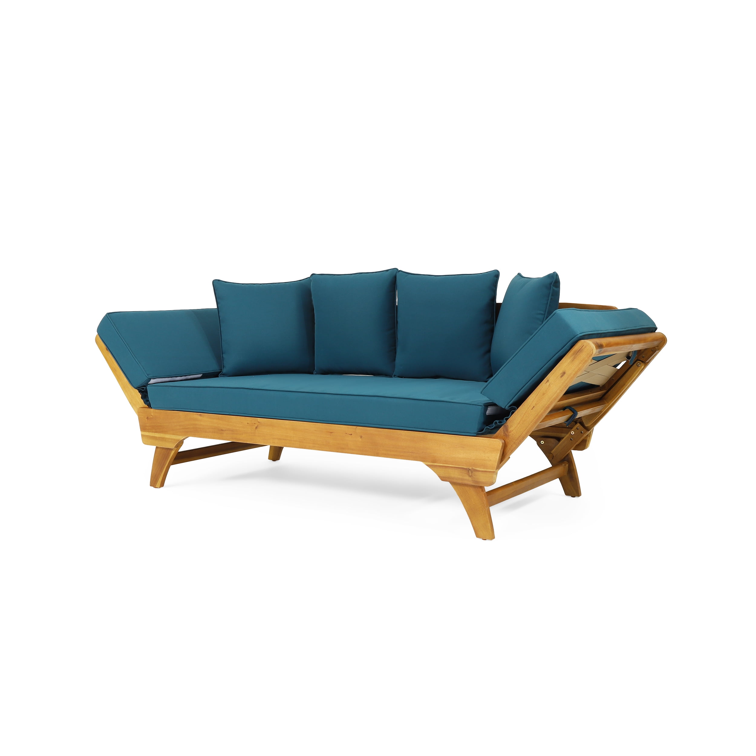 Outdoor Convertible Sofa Rest Bed with Cushions, Expandable Acacia Wood Leisure Furniture for Patio Garden, Teak and Beige