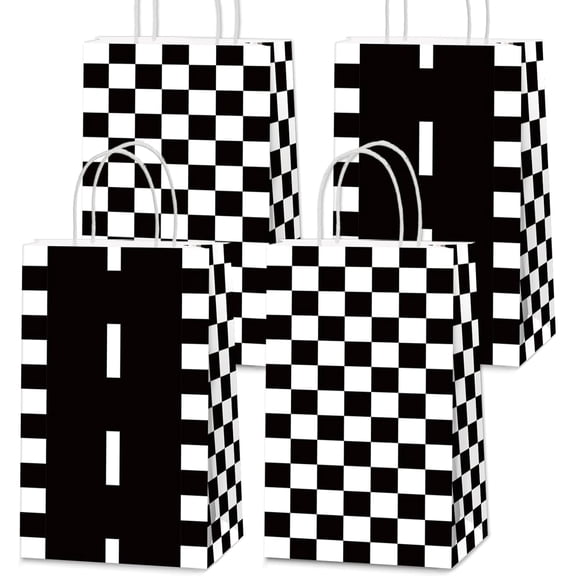 16Pcs Racing Car Treat Goodie Bags Black and White Checkered Gift Snacks Candy Party Favors Bags with Handles Racing Flag Bag for Kids Race Car Birthday Baby Shower Supplies 8.3 x 3.1 x 4.7