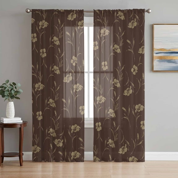 Brown Floral Sheer Curtains 96 Inch Length 2 Panels Set, Vintage Spring Botanical Flowers Voile Window Treatment Semi Sheer Long Curtains Drapes for Bedroom/Living Room/Kitchen 52"x96"x2