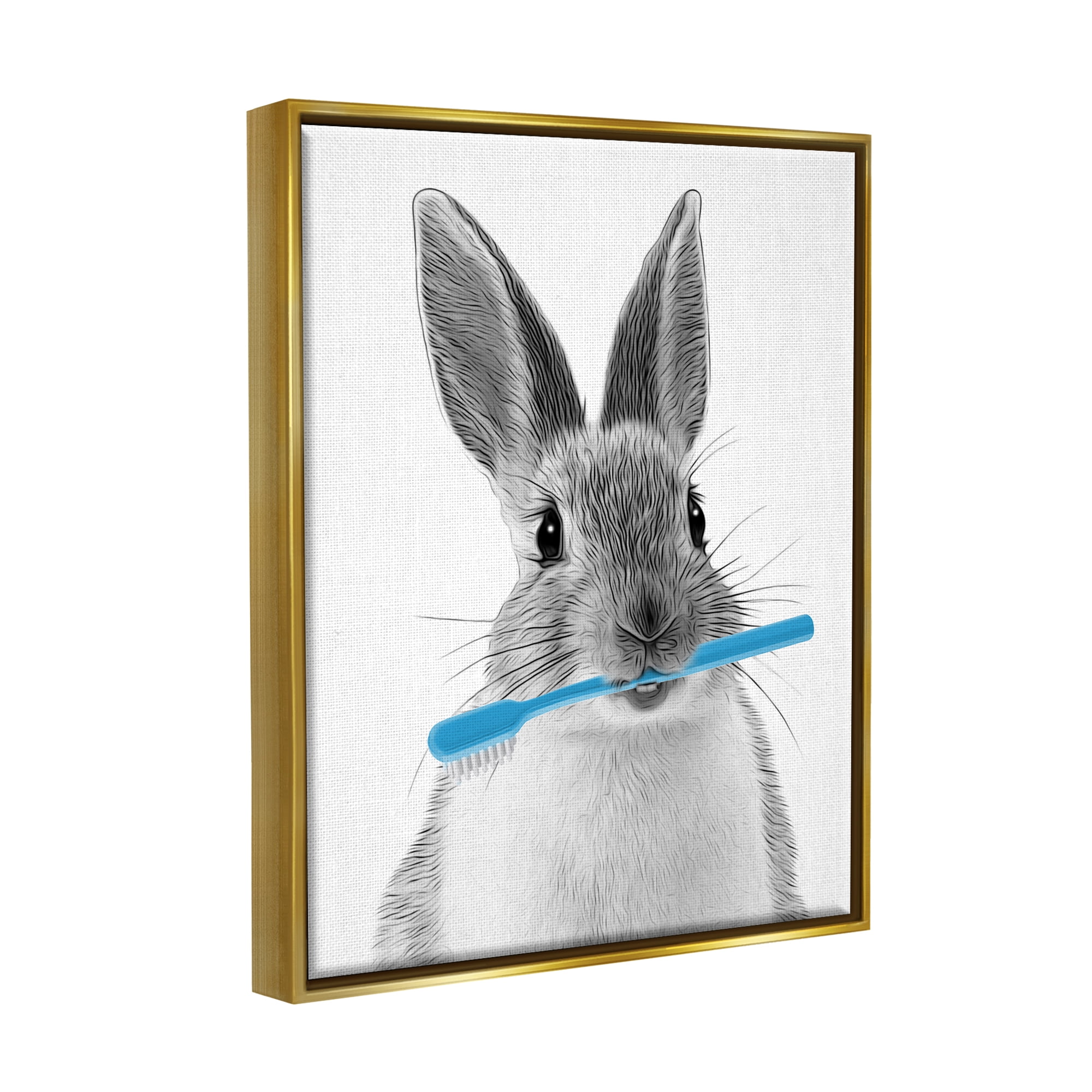Stupell Industries Bunny Toothbrush Bathroom Animal Animals & Insects Painting Gold Floater Framed Art Print Wall Art