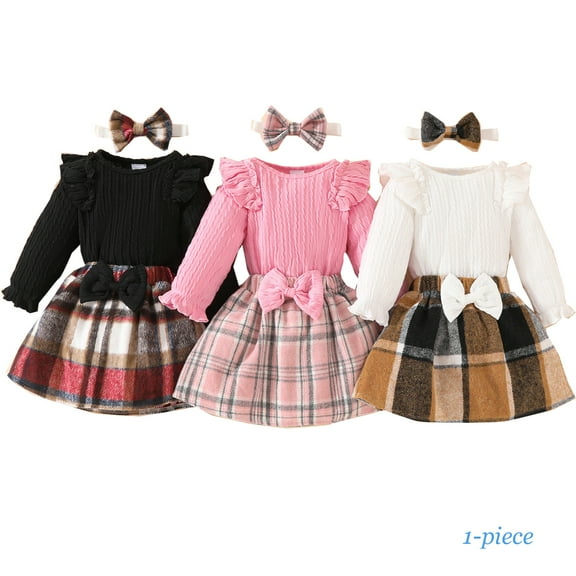 Infant Newborn Baby Girl Ruffle Long Sleeve Romper Bowknot Plaid Skirt Set Outfits 0-18M Girls Fall Winter Dresses