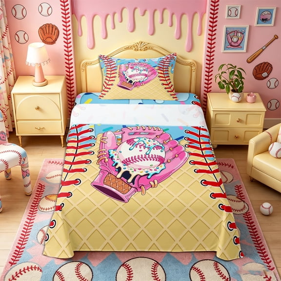 Castle Fairy Green Ice Cream Print Twin Sheets 3pcs, Sport Baseball Glove Bedding, Pink Blue Yellow,1 Fitted Sheet, 1 Flat Sheet and 1 Pillowcase