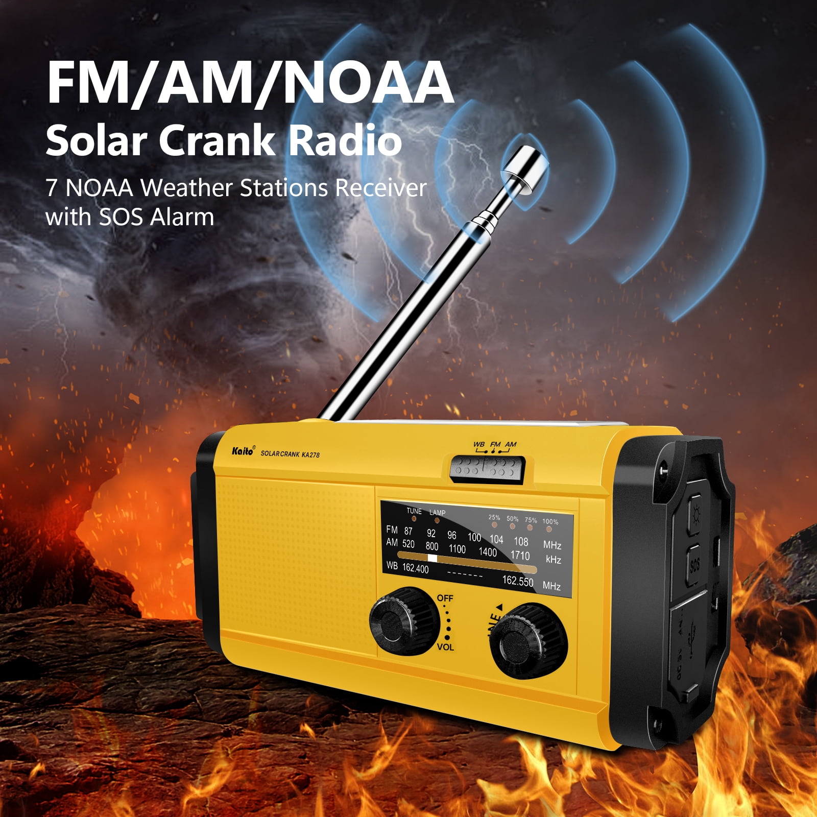 Kaito KA278 Emergency AM/FM NOAA Radio Solar Crank, Yellow