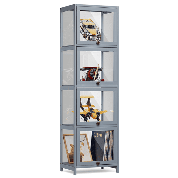 MoNiBloom Modern 55" 4-Tier Transparent Display Cabinet with Flip Up Door, Curio Cabinet Collection Display Case, Floor Standing Showcase Bookshelf for Living Room Bedroom Home Office, Gray