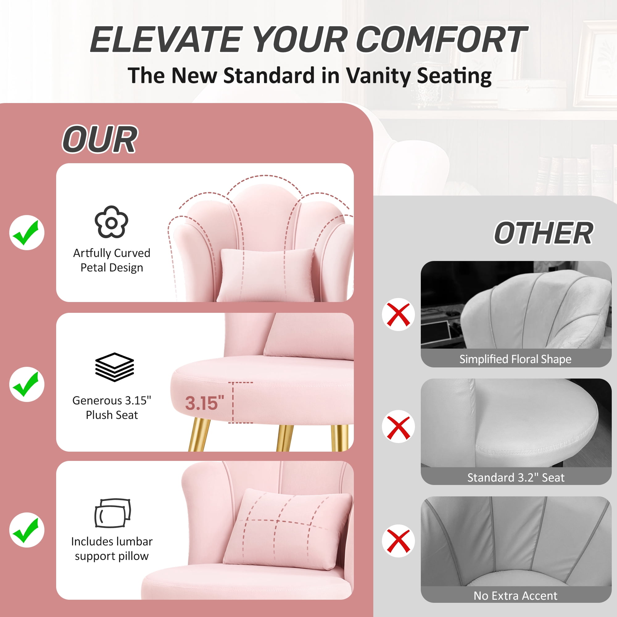 COOLHUT Petal Velvet Vanity Chair, Flower Cute Girls Mack Up Vanity Stool Chair with Lumber Pillow and Adustable Gold Legs, Upholstered Small Desk Chair for Living Room Bedroom Home Office, Pink