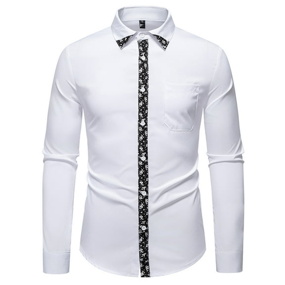 Dress Shirts for Men Long Sleeve Fitted Button Down Collared Blouses with Floral Print Business Casual Outfits (XL, White)
