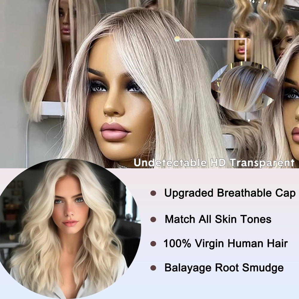 Summer Glacier Platinum Blonde Invisible Root Smudge Brazilian Virgin Human Hair Wig 180% Density Body Wave T Part Lace Wigs Human Hair Pre Plucked Natural Hairline Wig Human Hair With Baby Hair